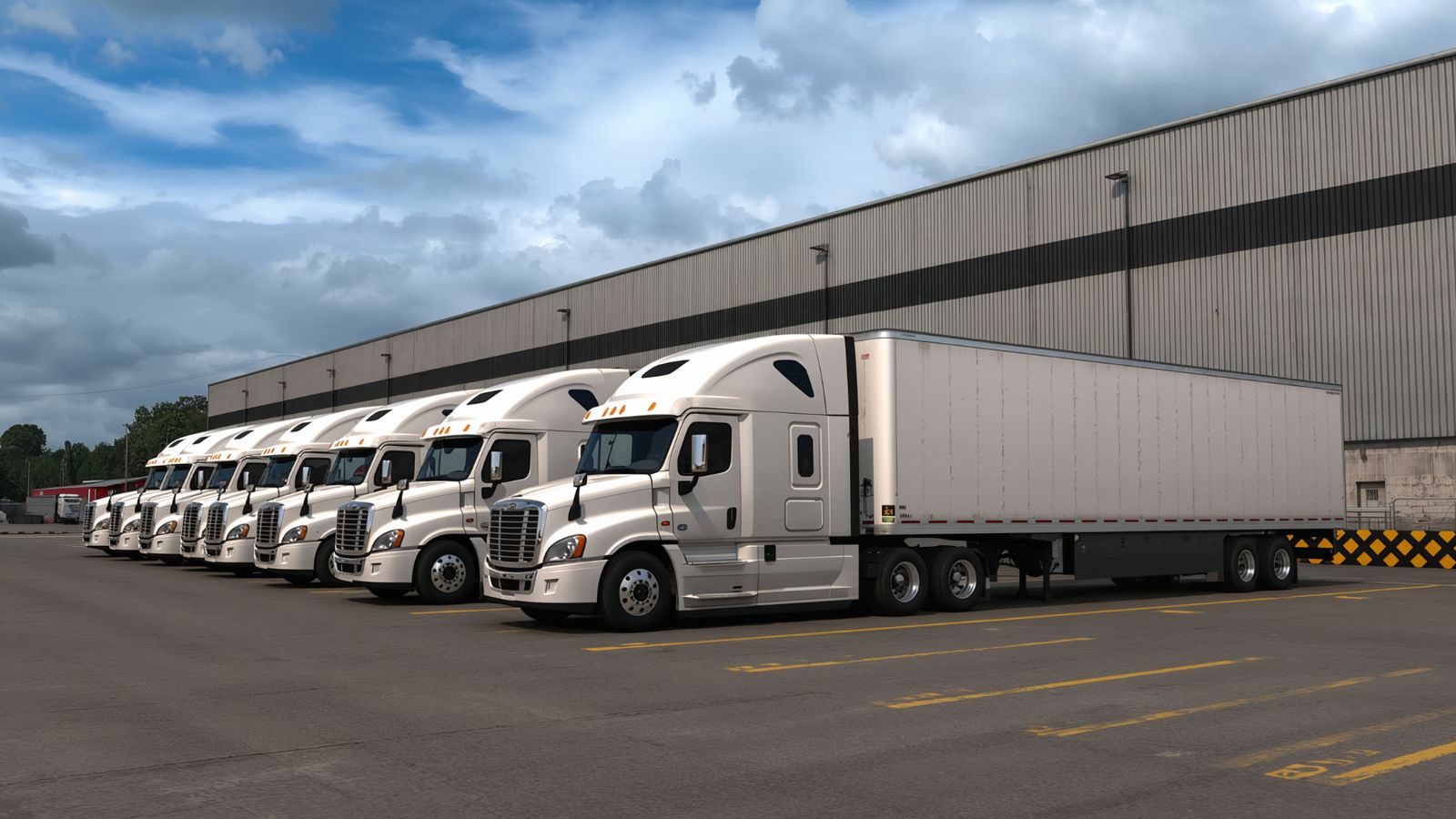 Row of white tractor-trailers parked at a warehouse