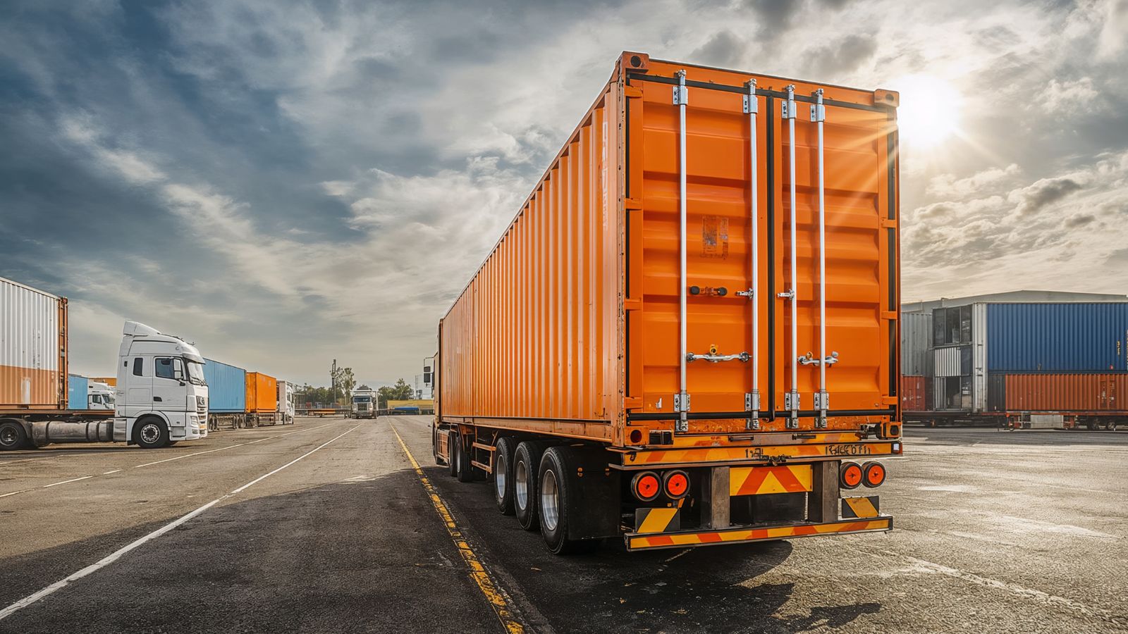Orange shipping container on a trailer in a truck yard